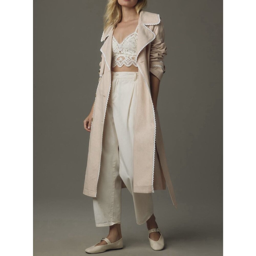 Avec Les Filles Anthropologie Rickrack Trench coat Beige Large Cotton Linen Lace - Picture 4 of 16